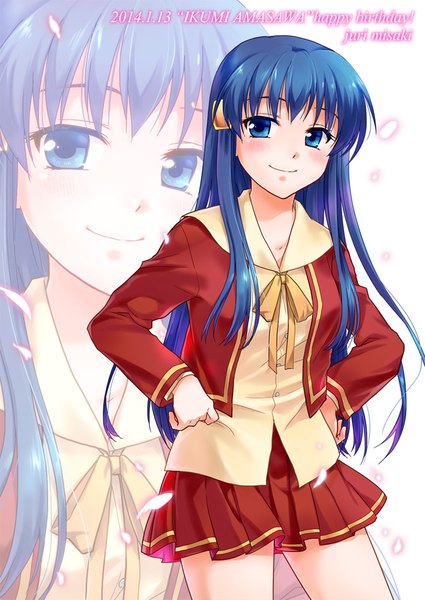 Anime picture 708x1000 with one amasawa ikumi misaki juri single long hair tall image blush fringe blue eyes smile hair between eyes blue hair looking away pleated skirt inscription character names zoom layer hands on hips 2014 girl