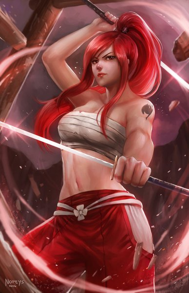 Anime picture 900x1391 with fairy tail erza scarlet nopeys single long hair tall image looking at viewer fringe breasts hair between eyes red eyes large breasts standing bare shoulders holding signed payot ponytail red hair realistic
