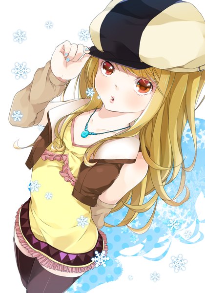 Anime picture 1046x1493 with tiger & bunny sunrise (studio) karina lyle hanata single long hair tall image blush blonde hair red eyes nail polish from above adjusting hat girl thighhighs black thighhighs hat cap snowflake (snowflakes) peaked cap
