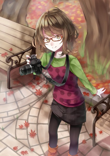 Anime picture 1200x1696 with original retsuna single tall image looking at viewer short hair brown hair brown eyes light smile girl skirt plant (plants) miniskirt tree (trees) glasses leaf (leaves) bench camera