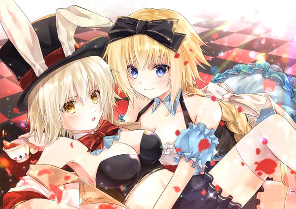 Anime picture 1500x1061 with fate (series) fate/grand order alice in wonderland jeanne d'arc (fate) (all) jeanne d'arc alter (fate) jeanne d'arc (fate) iroha (shiki) long hair looking at viewer blush fringe short hair breasts open mouth blue eyes light erotic blonde hair hair between eyes large breasts bare shoulders