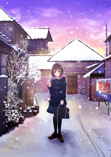 Anime picture 900x1273 with original amayofoo single tall image looking at viewer blush short hair brown hair brown eyes snowing winter snow footprints girl thighhighs skirt uniform black thighhighs school uniform scarf