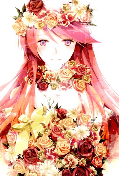 Anime picture 2359x3496 with weightlessness space (artbook) vocaloid megurine luka chris (pixiv) single long hair tall image blush highres simple background smile white background pink hair pink eyes girl flower (flowers) bow rose (roses) bouquet