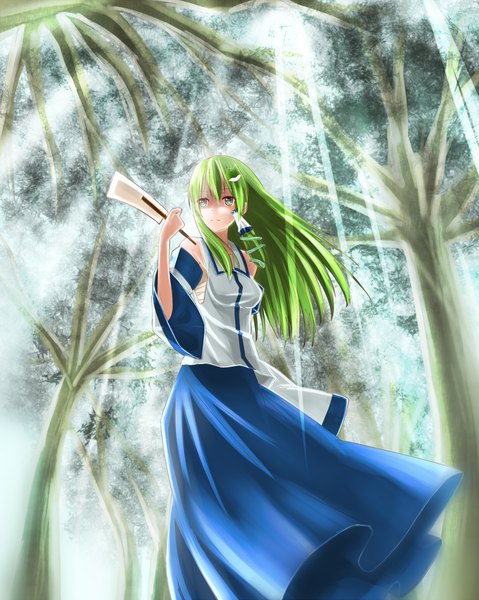 Anime picture 1200x1503 with touhou kochiya sanae lip-mil long hair tall image standing bare shoulders green eyes looking away green hair wind sunlight girl dress plant (plants) detached sleeves tree (trees) leaf (leaves) hair tubes