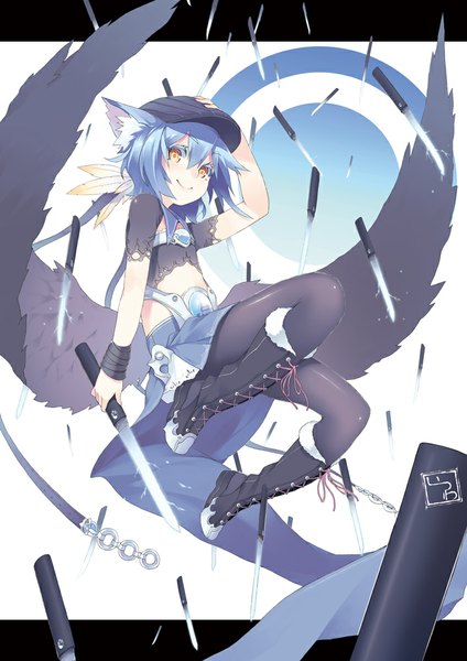 Anime picture 707x1000 with original itsuwa (lethal-kemomimi) single tall image looking at viewer short hair smile animal ears yellow eyes blue hair girl pantyhose wings boots knife flat cap
