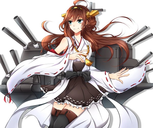 Anime picture 1200x1000 with kantai collection kongou battleship kirishino single long hair looking at viewer blue eyes brown hair ahoge light smile nontraditional miko girl thighhighs hair ornament weapon black thighhighs detached sleeves