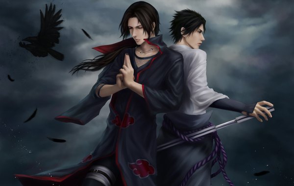 Anime picture 3420x2168 with naruto studio pierrot naruto (series) uchiha sasuke uchiha itachi zetsuai89 long hair highres short hair black hair absurdres ponytail eyes closed nail polish profile black eyes realistic grey background multiple boys akatsuki