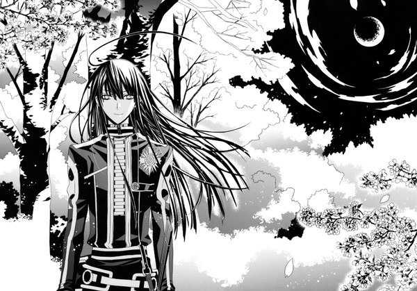 Anime picture 1600x1118 with d.gray-man kanda yuu long hair smile cloud (clouds) monochrome manga boy uniform plant (plants) petals tree (trees) moon