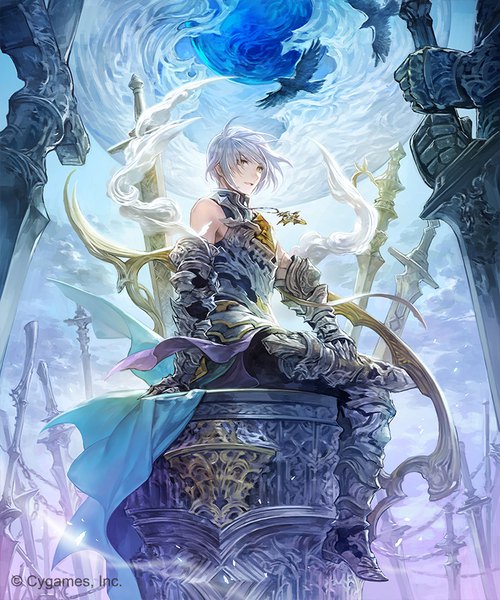 Anime picture 750x900 with shingeki no bahamut hakou (barasensou) single tall image short hair sitting bare shoulders yellow eyes looking away silver hair full body wind official art watermark boy weapon animal sword armor bird (birds)