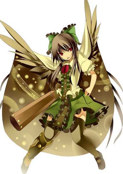 Anime picture 702x994 with touhou reiuji utsuho kureha (ironika) single long hair tall image fringe black hair simple background red eyes white background looking away parted lips zettai ryouiki black wings arm cannon girl thighhighs bow weapon