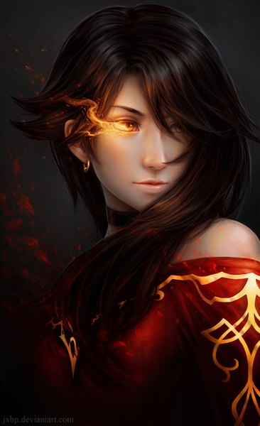 Anime picture 671x1100 with rwby rooster teeth cinder fall jxbp single long hair tall image blush fringe breasts black hair simple background hair between eyes bare shoulders signed payot looking away parted lips lips hair over one eye