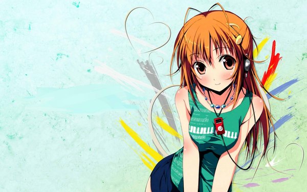 Anime picture 1920x1200 with kantoku single long hair looking at viewer blush highres brown hair wide image clothes writing girl headphones t-shirt beads digital media player