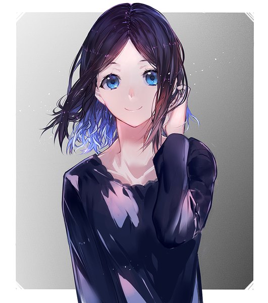 Anime picture 708x800 with original azarea single tall image looking at viewer short hair blue eyes black hair simple background smile blue hair upper body long sleeves multicolored hair grey background two-tone hair gradient background floating hair adjusting hair portrait