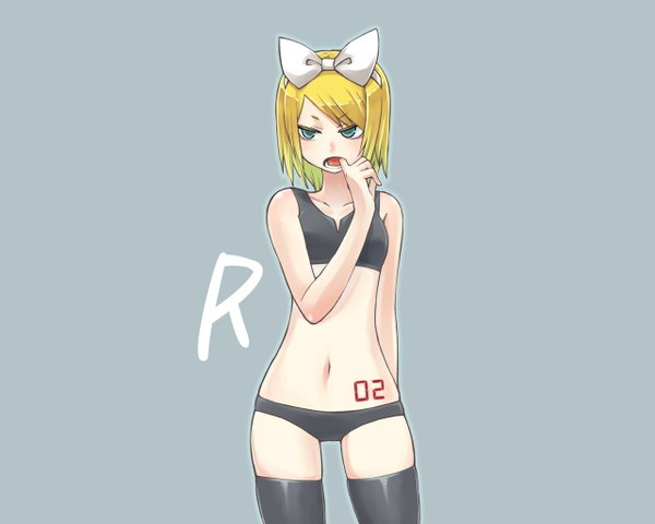 Anime picture 1280x1024 with vocaloid kagamine rin chan\u00d7co short hair blonde hair simple background grey background tattoo underwear only finger to mouth girl thighhighs navel underwear