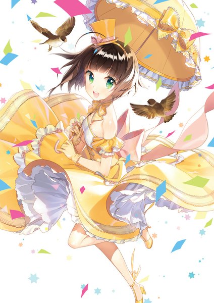 Anime picture 750x1060 with original salt (salty) single tall image looking at viewer fringe short hair open mouth brown hair bare shoulders green eyes bent knee (knees) happy standing on one leg girl dress gloves detached sleeves animal frills