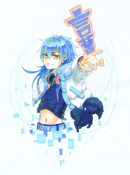 Anime picture 1500x2020 with dramatical murder nitro+chiral aoba (dmmd) ren (dmmd) cea long hair tall image looking at viewer simple background smile white background yellow eyes blue hair hieroglyph headphones around neck boy navel animal headphones dog