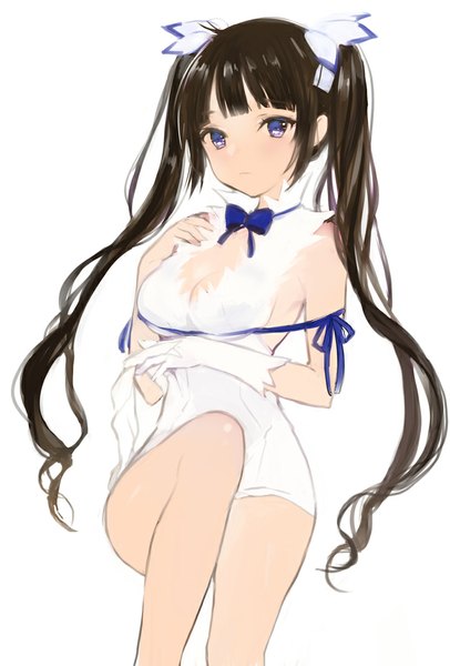 Anime picture 700x1033 with dungeon ni deai wo motomeru no wa machigatteiru darou ka j.c. staff hestia (danmachi) lpip single long hair tall image looking at viewer fringe breasts blue eyes black hair simple background white background twintails bare shoulders bent knee (knees) hand on chest leg lift (legs lift) rei no himo