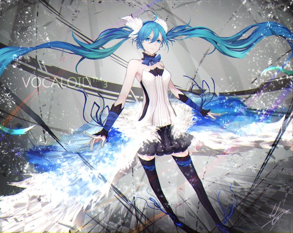 Anime picture 2100x1666 with 7th dragon 7th dragon 2020 vocaloid hatsune miku marumoru single looking at viewer highres blue eyes smile standing twintails blue hair very long hair pleated skirt multicolored hair gradient hair white wings girl thighhighs