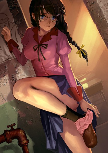 Anime picture 679x960 with bakemonogatari nekomonogatari shaft (studio) monogatari (series) hanekawa tsubasa as109 single long hair tall image looking at viewer fringe breasts blue eyes light erotic large breasts standing twintails bent knee (knees) braid (braids) pleated skirt