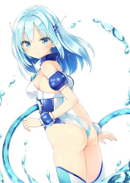 Anime picture 637x900 with ole tower submersible pump (ole tower) kani biimu single long hair tall image looking at viewer blush fringe blue eyes light erotic simple background white background blue hair ass girl thighhighs detached sleeves water
