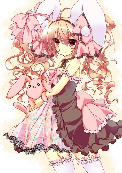 Anime picture 752x1062 with original umino mizu single long hair tall image simple background blonde hair red eyes white background twintails bare shoulders animal ears bunny ears yellow background girl dress bow hair bow frills toy