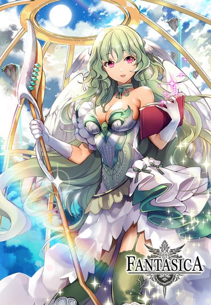 Anime picture 600x866 with gyakushuu no fantasica ice (ice aptx) single long hair tall image looking at viewer fringe breasts hair between eyes bare shoulders holding sky cleavage cloud (clouds) pink eyes green hair official art sparkle from below text