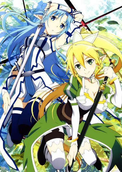 Anime picture 3640x5115 with sword art online a-1 pictures yuuki asuna leafa asuna (sao-alo) long hair tall image highres blue eyes blonde hair smile multiple girls green eyes blue hair absurdres ponytail pointy ears scan official art elf