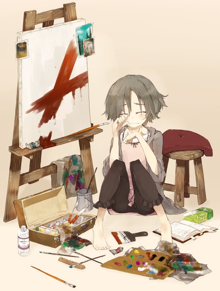 Anime picture 1062x1400 with original ccru (artist) single tall image short hair sitting eyes closed barefoot grey hair tears crying girl book (books) paintbrush paint photo (object) art brush easel paint tube trim brush