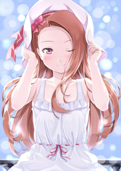 Anime picture 827x1169 with idolmaster minase iori miri (ago550421) single long hair tall image looking at viewer blush smile brown hair brown eyes one eye closed wink girl dress hat sundress