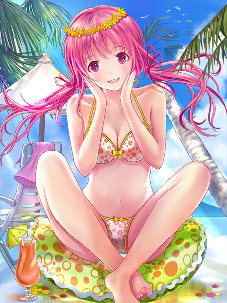 Anime picture 600x800 with original dorakyura single long hair tall image looking at viewer fringe breasts open mouth light erotic smile sitting twintails bare shoulders pink hair sky cloud (clouds) ahoge barefoot hair flower