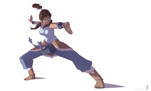 Anime picture 2560x1552 with avatar: the legend of korra korra tom skender single long hair highres blue eyes brown hair wide image white background twintails ponytail girl belt