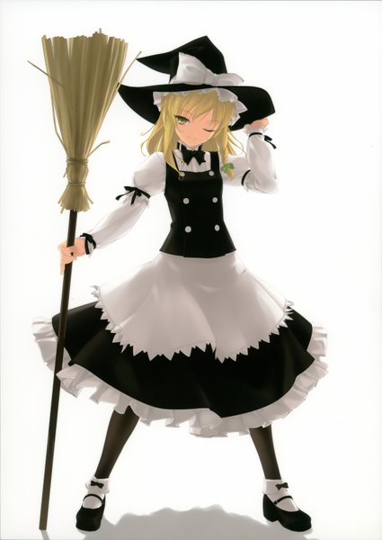 Anime picture 2376x3358 with touhou kirisame marisa rokuwata tomoe single tall image highres short hair simple background blonde hair white background yellow eyes one eye closed wink girl skirt witch hat skirt set broom