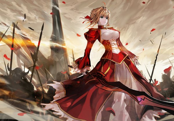 Anime picture 1146x800 with fate (series) fate/extra type-moon nero claudius (fate) (all) nero claudius (fate) shengkong (prank) single fringe breasts standing looking away sky cleavage cloud (clouds) wide sleeves grey eyes glowing victory glow underbust