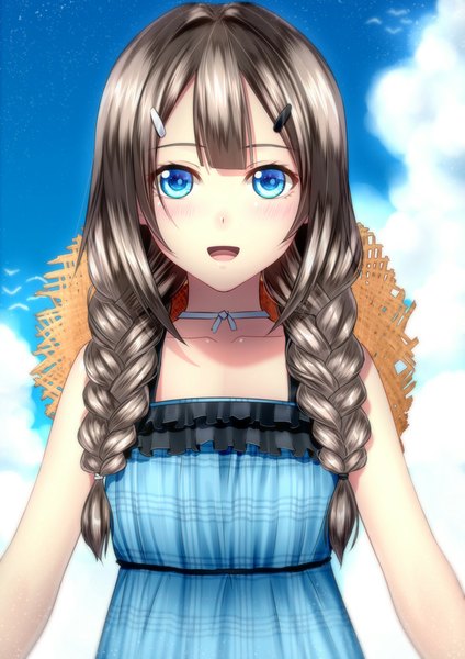 Anime picture 707x1000 with original kai (link2262) single long hair tall image looking at viewer blush open mouth blue eyes cloud (clouds) grey hair girl dress hat