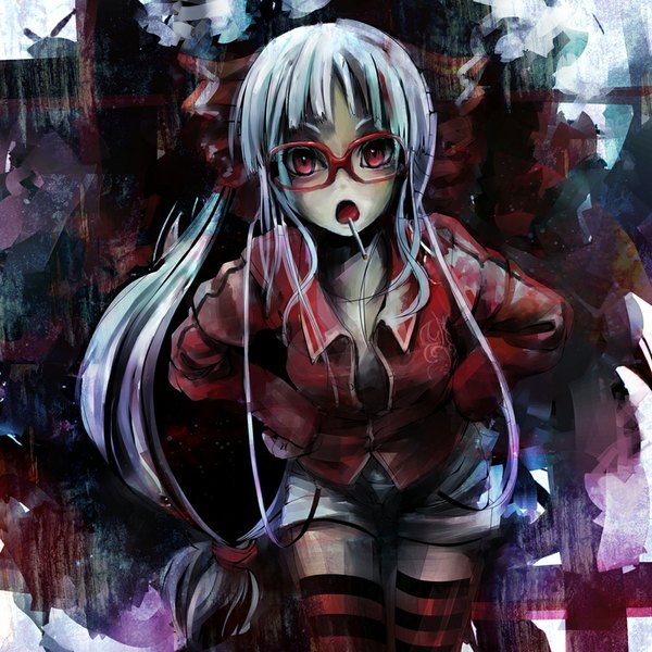 Anime picture 1024x1024 with original modama single long hair open mouth red eyes blue hair cleavage smoking girl thighhighs glasses shorts cigarette