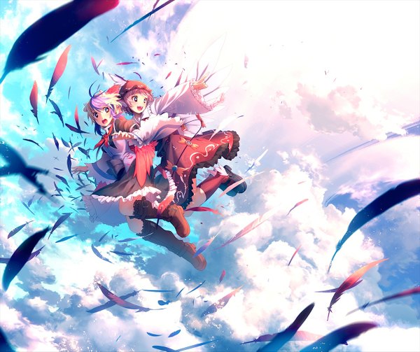 Anime picture 1218x1023 with touhou mystia lorelei tokiko (touhou) eho (icbm) blush short hair open mouth blue eyes multiple girls sky purple hair cloud (clouds) spread arms flying girl dress 2 girls hat wings boots