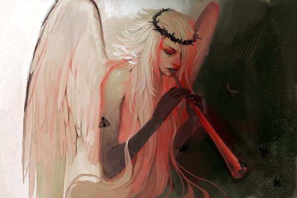 Anime picture 1050x700 with original chaotic-muffin single long hair fringe simple background red eyes bare shoulders holding white hair hair over one eye mouth hold angel wings white wings boy wings insect butterfly wreath