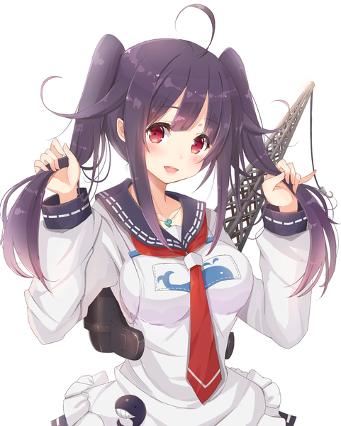 Anime picture 950x1185 with kantai collection taigei light aircraft carrier kagerou (shadowmage) single long hair tall image blush open mouth black hair smile red eyes white background twintails girl necktie pendant sailor suit
