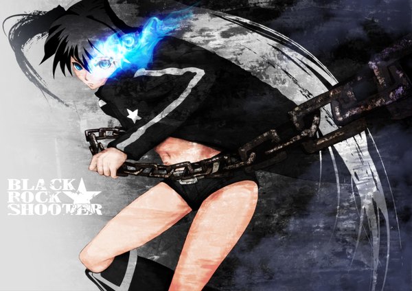 Anime picture 3508x2480 with black rock shooter black rock shooter (character) infinote single long hair highres blue eyes black hair twintails absurdres glowing glowing eye (eyes) girl shorts chain