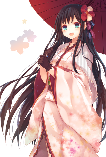 Anime picture 552x816 with original komeshiro kasu single long hair tall image looking at viewer blush fringe open mouth blue eyes black hair simple background smile standing white background holding payot looking away traditional clothes :d