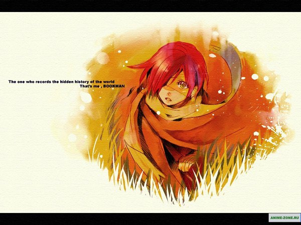 Anime picture 1024x768 with d.gray-man lavi white background red hair boy plant (plants) scarf bag cloak grass eyepatch child (children)