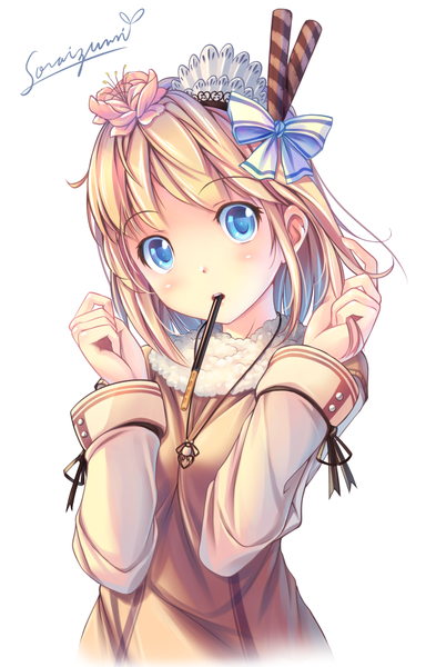 Anime picture 640x1000 with original soraizumi single tall image looking at viewer blush fringe short hair open mouth blue eyes simple background blonde hair white background hair flower eating girl hair ornament flower (flowers) food sweets