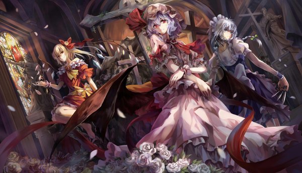 Anime picture 1400x801 with touhou flandre scarlet remilia scarlet izayoi sakuya neko (yanshoujie) short hair blue eyes blonde hair red eyes wide image multiple girls purple hair white hair indoors sunlight maid dutch angle frilled dress crack girl