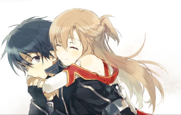 Anime picture 1280x815 with sword art online a-1 pictures yuuki asuna kirigaya kazuto tagme (artist) long hair short hair black hair simple background smile brown hair white background eyes closed black eyes couple hug hug from behind girl boy