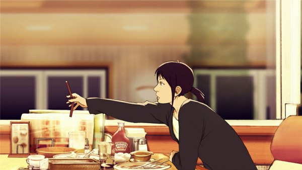 Anime picture 1024x578 with original yokoya single short hair open mouth black hair wide image sitting ponytail profile girl window cup knife glass plate phone fork ketchup
