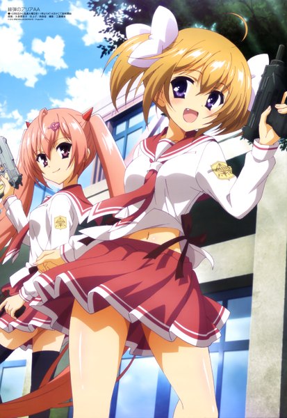 Anime picture 4086x5925 with hidan no aria megami magazine kanzaki h aria mamiya akari kubo mariko long hair tall image highres short hair open mouth blonde hair purple eyes twintails multiple girls pink hair absurdres official art short twintails girl thighhighs