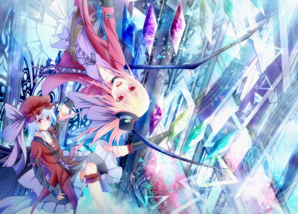 Anime picture 1792x1290 with touhou flandre scarlet remilia scarlet nagishiro mito long hair looking at viewer blush highres open mouth red eyes multiple girls blue hair white hair girl dress 2 girls hat wings socks black socks