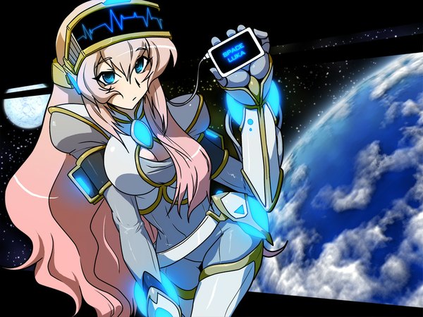 Anime picture 1024x768 with vocaloid megurine luka long hair looking at viewer fringe breasts blue eyes light erotic hair between eyes pink hair cleavage space girl gloves moon bodysuit earth luli