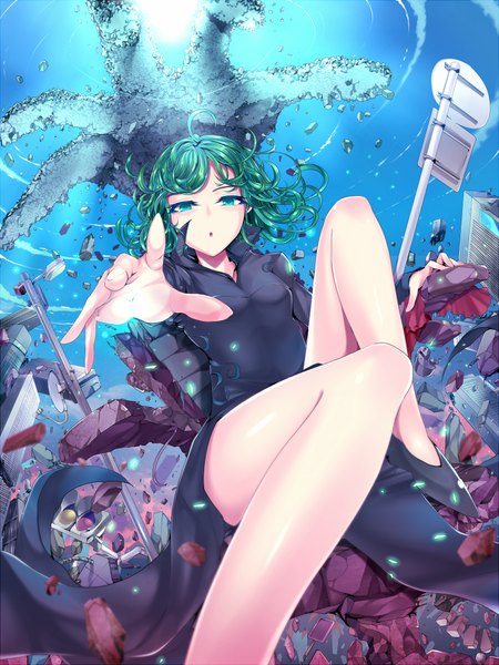 Anime picture 1500x2000 with one-punch man madhouse tatsumaki kasai shin single tall image looking at viewer short hair open mouth sky cloud (clouds) aqua eyes sunlight aqua hair outstretched arm light wavy hair girl dress black dress