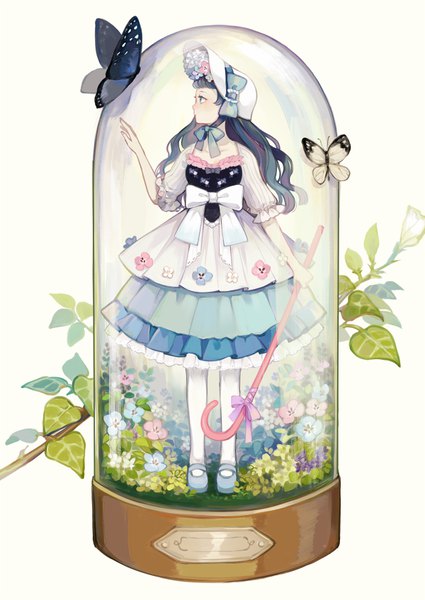 Anime picture 600x847 with original seuga single long hair tall image blush fringe blue eyes simple background standing holding blue hair looking away full body profile hair flower wavy hair in container girl dress
